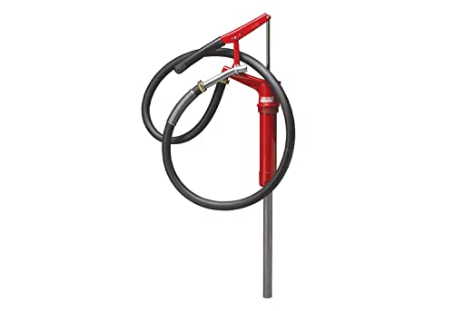 Lincoln 1335 Lever-Action Fluid Transfer Pump, Fits 16- to 55 Gallon Drums, 8.5 Fl. Oz. Per Stroke, 2" Bung, Brass Rings, 6' Removable Hose, Steel Outlet Nozzle, Check Valve, Multi-Position Handle