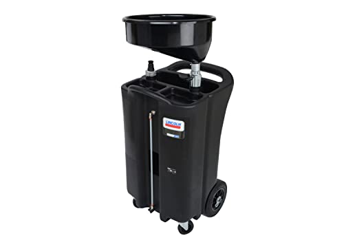 Lincoln 3626 26 Gallon Portable Gravity Fluid Drain, 50-75" Adjustable Funnel Height, High-strength Polyethylene, Pump-assisted, 18" Offset Bowl, 2 Ball-bearing Swivel Casters, 3/4"Male Camlock, Black