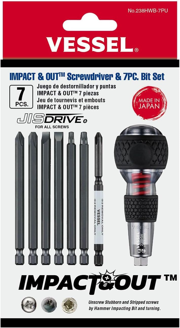 (USA Official) Impact & Out Screwdriver with 7pcs bits and Pouch