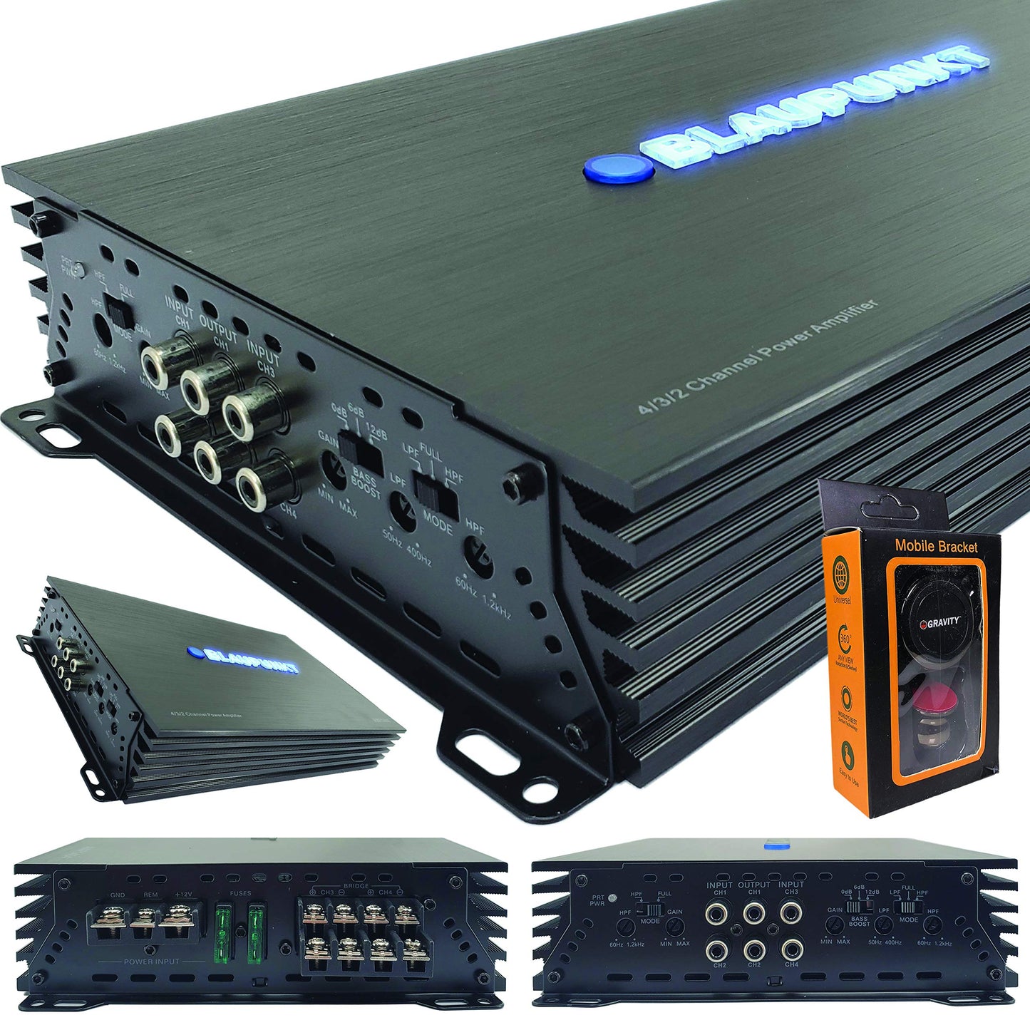 Blaupunkt AMP1404 Car Audio 4-Channel Amp Amplifier 1500 Watts Max Peak Power with Gravity Magnet Phone Holder Bundle