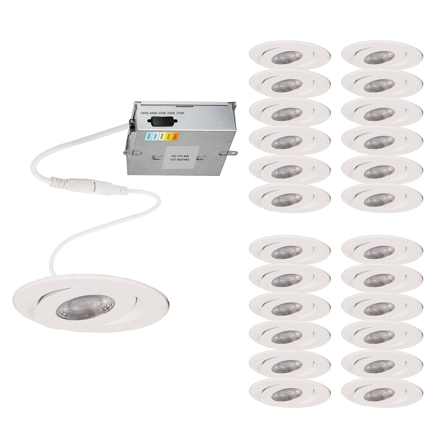 WAC Lighting Lotos 4in LED Round Adjustable Recessed Light 5-CCT Selectable 9W 700 Lumens IC-Rated Airtight 120V-277V Universal in White 2-HR Fire Rated (Pack of 24)