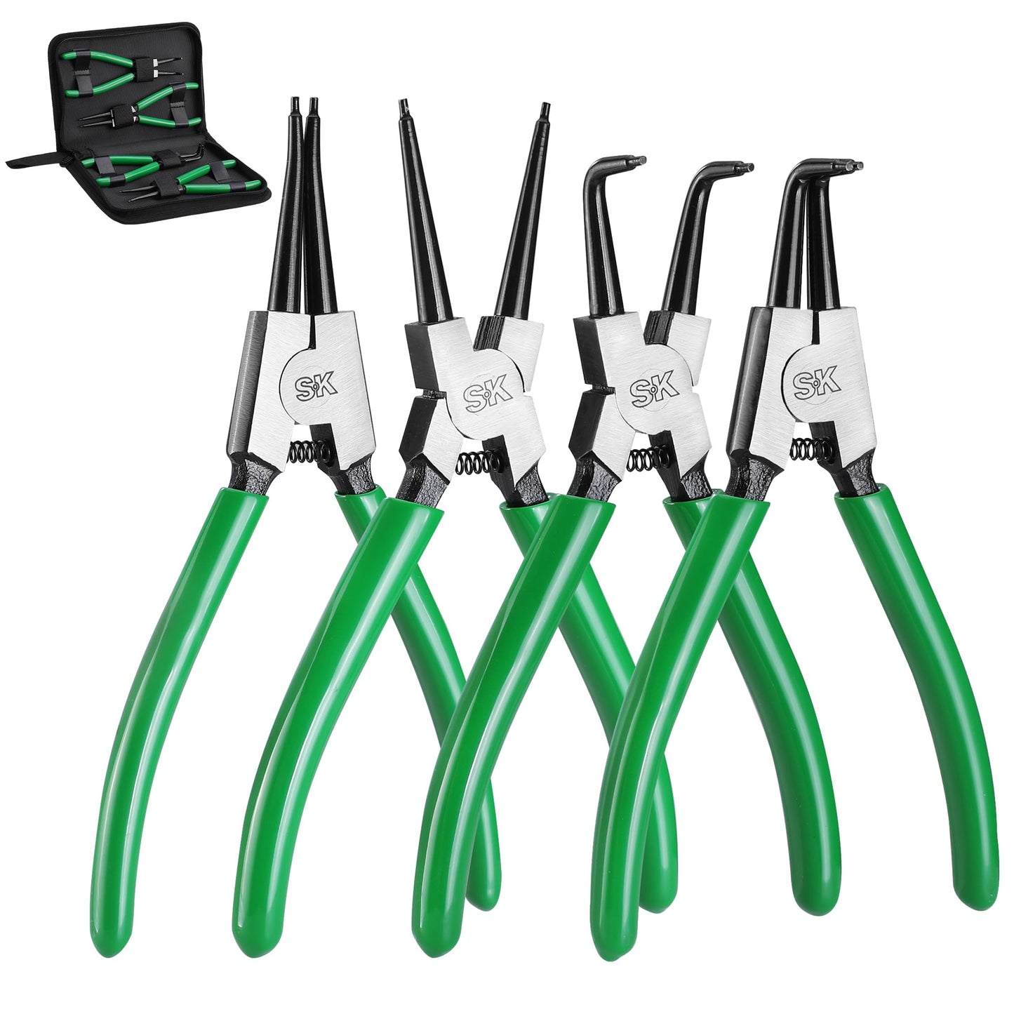 SK 4-Piece Snap Ring Pliers Set, 7-Inch Internal/External Circlip Pliers with Straight/Bent Jaw, 0.07'' Tip Diameter, Premium CR-V Steel, with Zipper Pouch