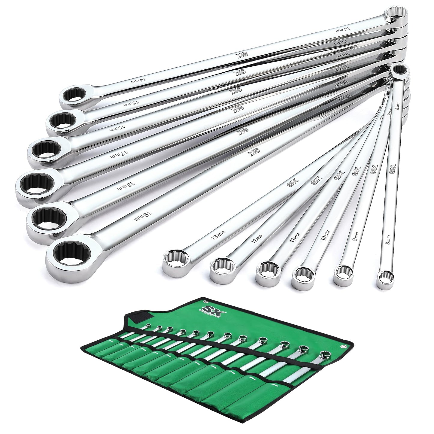 SK Extra Long Ratcheting Wrench Set, Double Box End Wrench Set, 12-Piece, Metric, 8 mm to 19 mm, 72-Tooth, Premium CR-V Construction, with Rolling Pouch