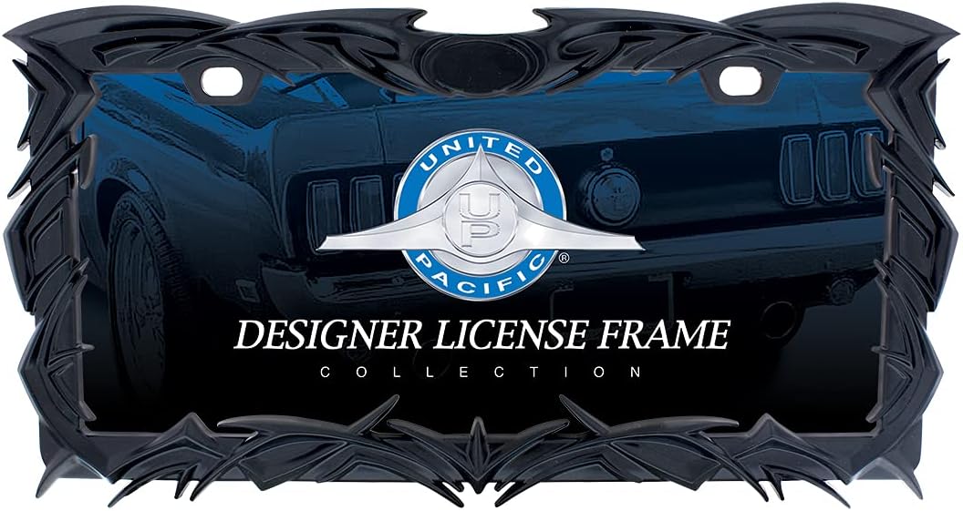 United Pacific 50114 Die-Cast Metal Black Tribal Flame License Plate Frame Holder, 3-D Design, Satin Black Finish, Fits Standard US Cars ONE Unit