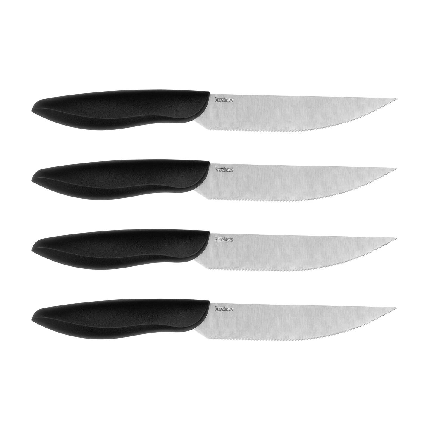 Kershaw 4-Piece Serrated Steak Knife Set - 5" Blades of German Stainless Steel with 16～ Single-Bevel Edge, Satin Finish, Black Polypropylene Ergonomic Handles