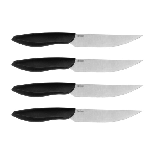 Kershaw 4-Piece Serrated Steak Knife Set - 5" Blades of German Stainless Steel with 16～ Single-Bevel Edge, Satin Finish, Black Polypropylene Ergonomic Handles