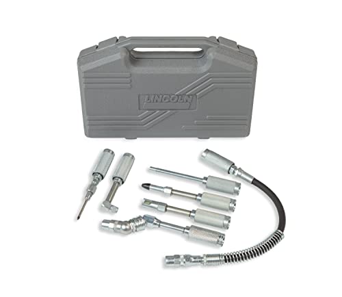 Lincoln 58000 Grease Lubrication Adapter Kit, High-Tolerance, Quick-Connect Couplings, Lube Tool, Straight Extension, 12" Hose, Rubber Tipped Nozzle, Needle Nozzle, 360 and 90 Degree Couplers