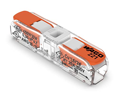 221-2401 | WAGO Lever-Nuts? Inline Splicing Connector | for Solid and Stranded Conductors | 2-Conductor with Operating levers | 24-12 AWG | Transparent housing | White Cover | [Box of 60 Pieces]