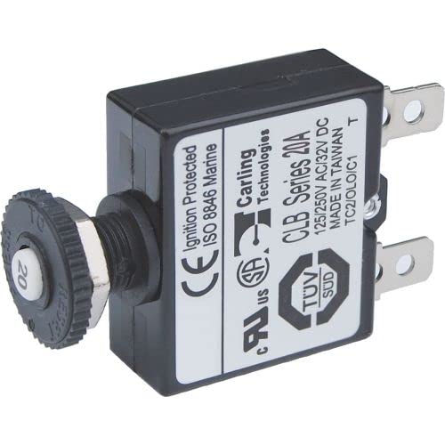 BLUE SEA SYSTEMS Circuit Breaker, push-to-reset only, panel mount, DC 20 Amp, MFG# 7057, Non-switchable, thermal, 32 VDC Max. 3/8" diameter panel opening. 1.4"H x .57"W x 2.3"D. 1/4" blade quick