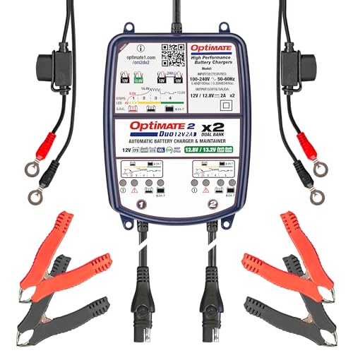 OptiMate2 DUO x 2-BANK, 2A Battery Charger & Maintainer for all 12/12.8V Motorcycles, Cars and Powersport Batteries