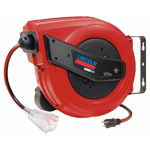 Lincoln 91039 60' Tri-tap Electric Power Cord Reel, 12/3 SJTOW, Grease, Oil and Weather Resistant, Magnetic Brake, Auto-guide Rewind Mechanism, Overload Protection, Power Indicator Lights, Red/Black