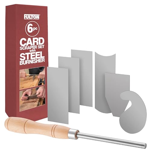 Fulton Cabinet Scraper Burnisher with 6 Piece Multi-Shaped Card Scraper Woodworking Set, 3 Rectangle 1 Beveled 1 Curved (Convex and Concave) and 1 Gooseneck Wood Scraper for Woodworking