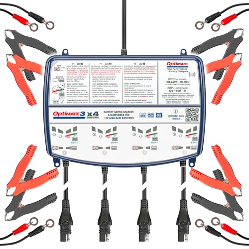 OptiMate3 0.8A x4 Bank, Smart Quad-Bank Battery Saving Charger for 12V Lead-acid Motorcycle and Powersport Batteries