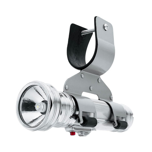 United Pacific 110918 All Metal Chrome Vintage Style LED Flashlight w/Roller Action Holder, White LED, Glass Lens – ONE Set (Flashlight with Holder)