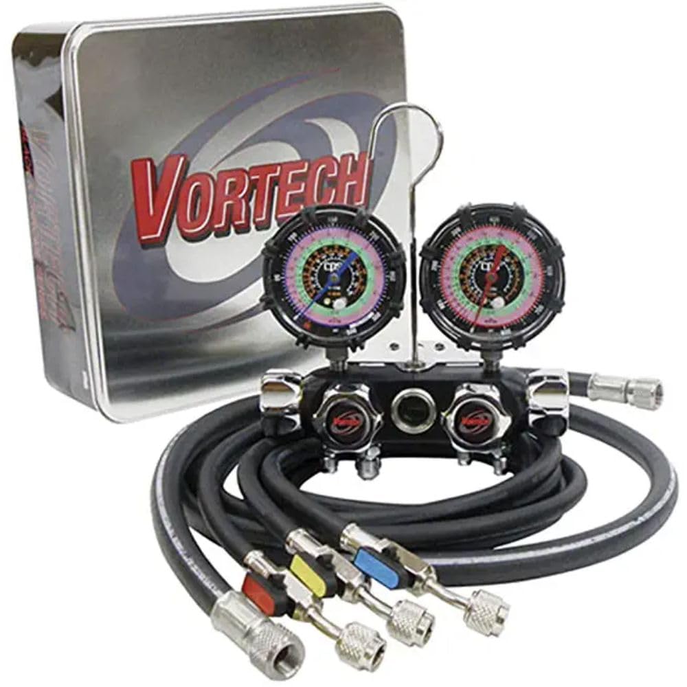 CPS MV4H4P5EZ 4-Valve BlackMax Manifold Set with 3-1/8" Gauges for R22/134a/404A/410A Refrigerants, 5' Hoses