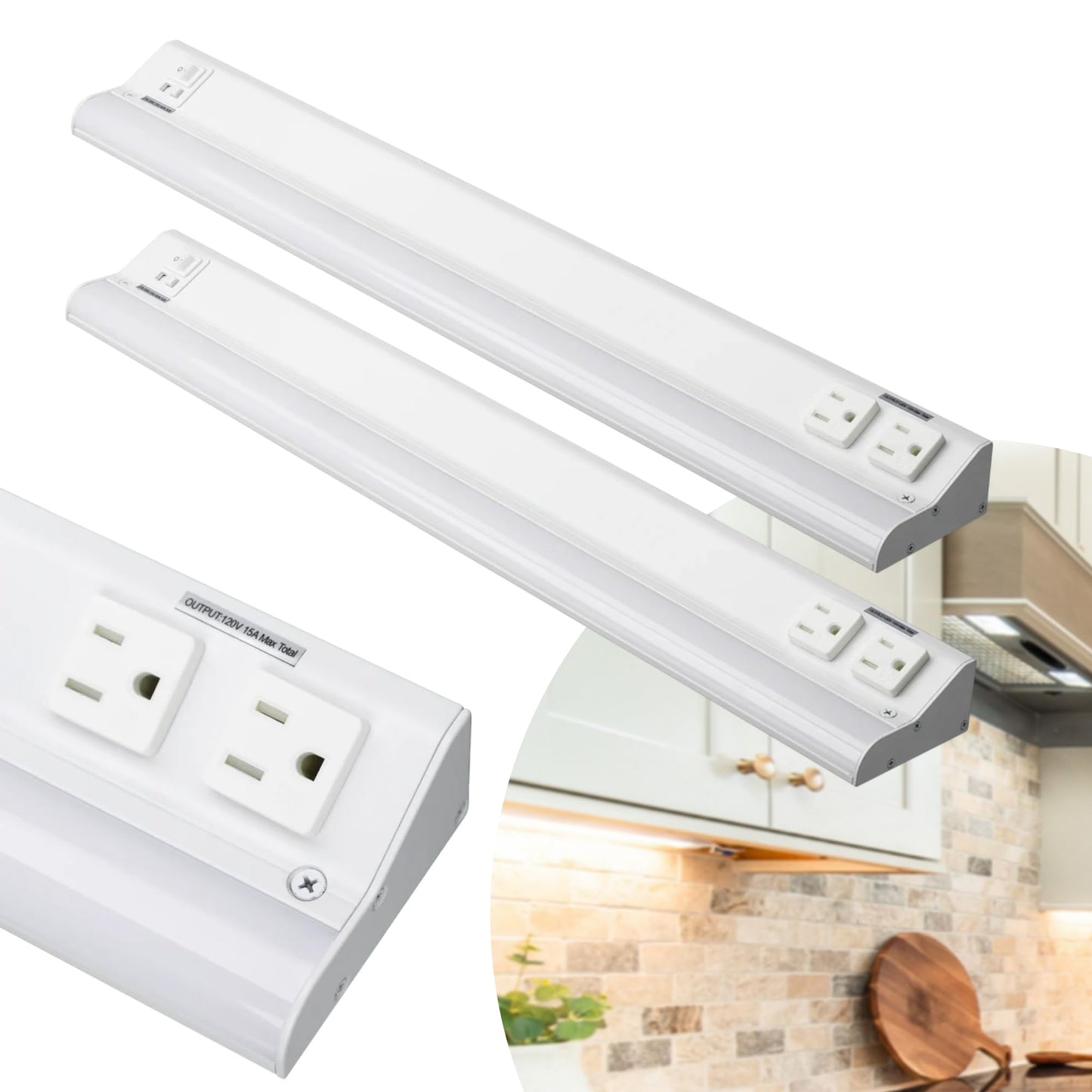 American Lighting 24-Inch LED Courant Undercabinet Light with Two Receptacles, 5CCT, White Finish, 120V AC, 15W, 900 Lumens, CRI 90, 15 Amp, Ideal for Kitchen, Workspace, Retail Display, 2 Pack