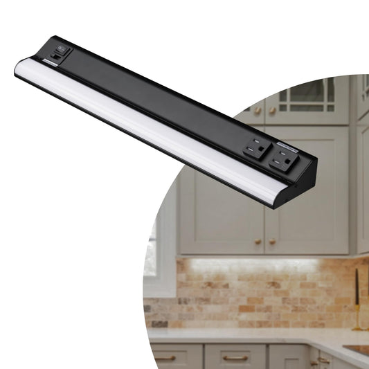 American Lighting 18-Inch LED Courant Undercabinet Light with Two Receptacles, 5CCT, Black Finish, 120V AC, 12W, 720 Lumens, CRI 90, 15 Amp, Ideal for Kitchen, Workspace, Retail Display, Under Shelve