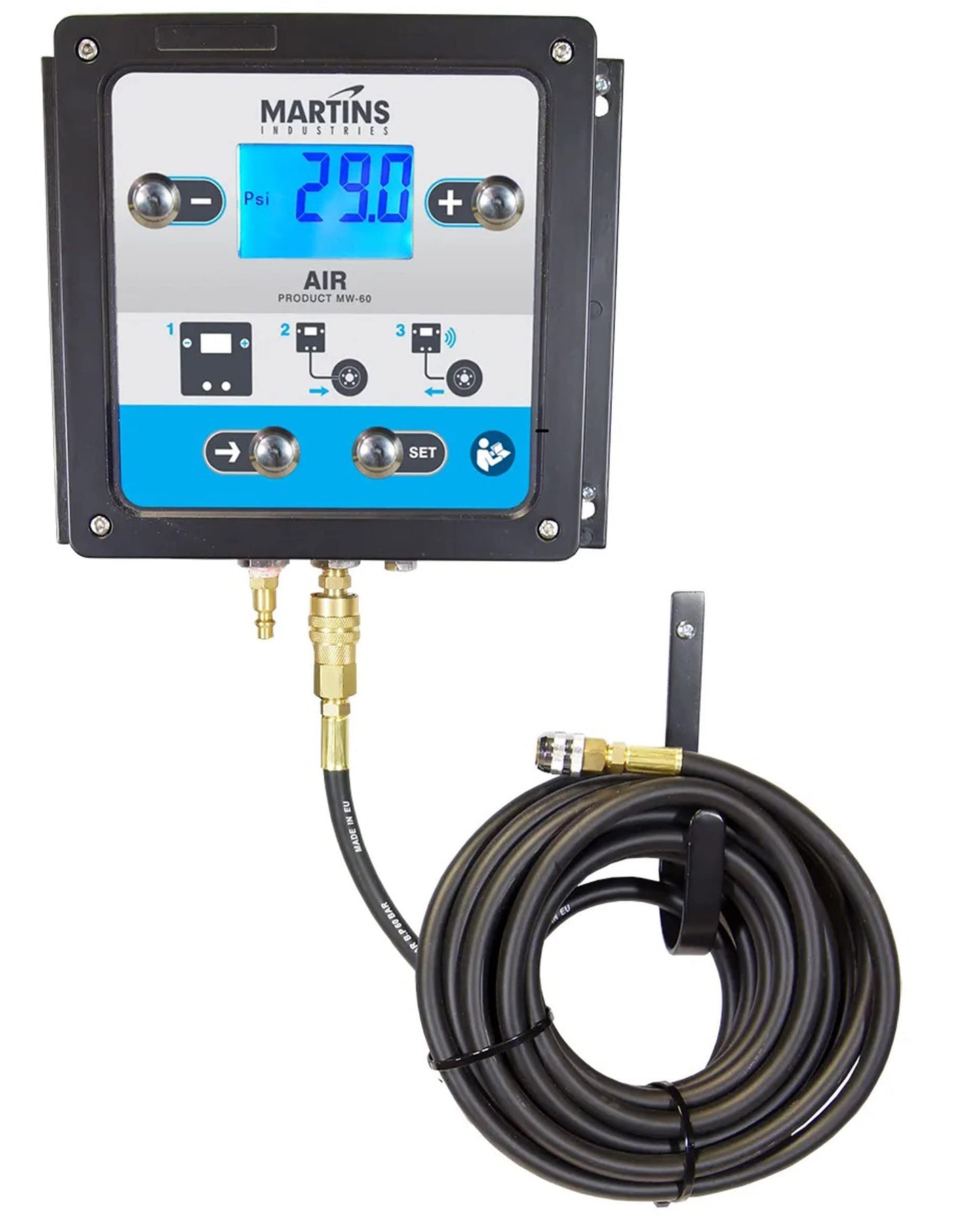 Martins Automatic Tire Inflator Deflator MW-60, 145 psi, Wall-Mounted Unit with 25’ Air Hose, Overpressure System (OPS), LCD Screen & Backlight