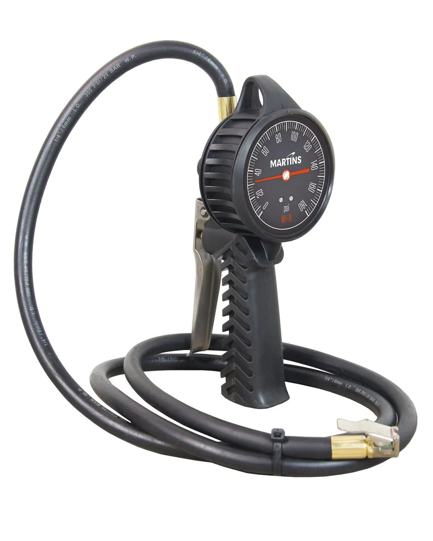 Martins Handheld Analog Tire Inflator Gauge with 6 ft Rubber Hose – Compact Tire Inflator for Automotive, Cars, Motorbikes, Bicycle – 174 PSI