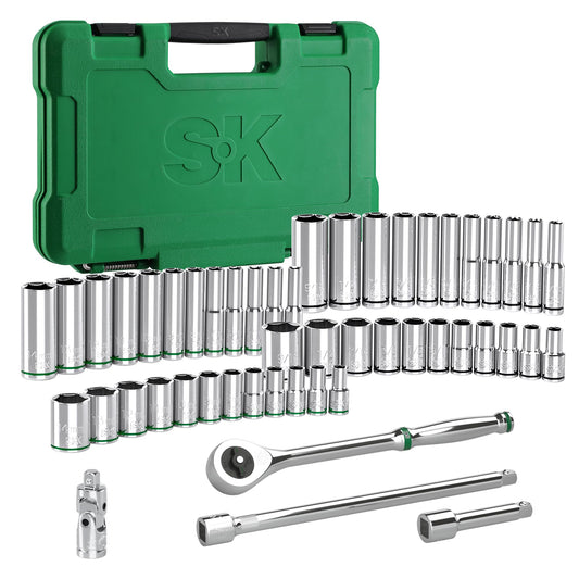 SK 1/4" Drive Socket Set with 216-P Quick-Release Ratchet, 50-Piece, SAE & Metric, SuperKrome Finish, Premium CR-V Construction, with Storage Suitcase