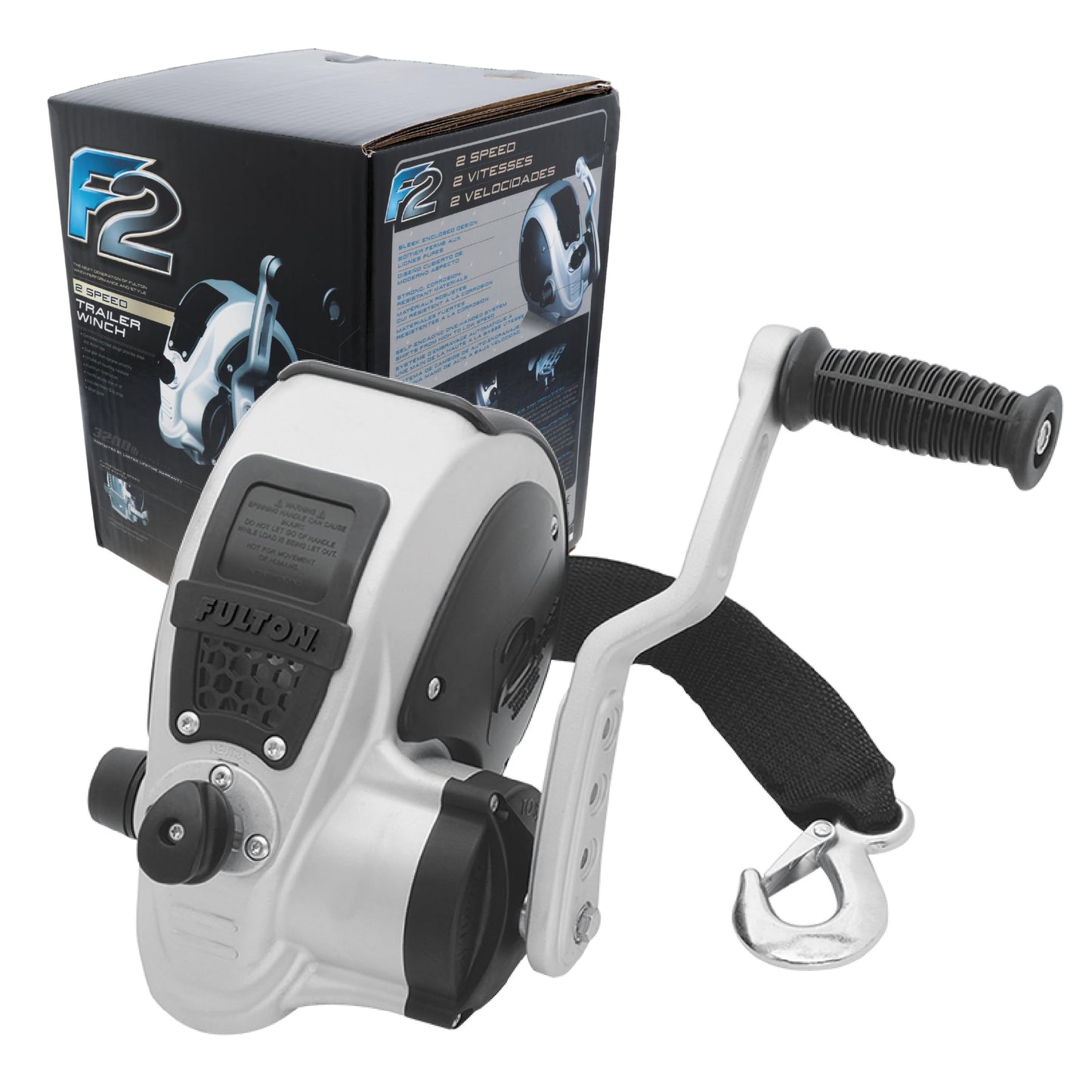 Fulton FW32000101 F2 Marine Trailer Winch, Two-Speed, 3,200 lbs. Capacity, 4-Position Handle Adjusts From 6" to 9", 20' Foot Strap With Hook