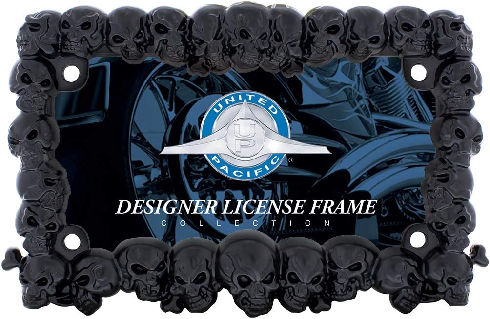 United Pacific 50113 Zinc Diecast Satin Black 3-D Skull Motorcycle License Plate Frame, All Over Skull Design, Gothic License Plate Holder, Heavy-Duty  ONE Unit