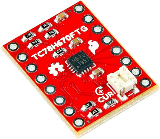 SparkFun Mini Stepper Motor Driver - TC78H670FTG - Compact Driver with breadboard-Friendly 0.1in. Pin -Output Current: 2.0 A (max) - Board Dimensions: 0.6 in. × 0.8 in.