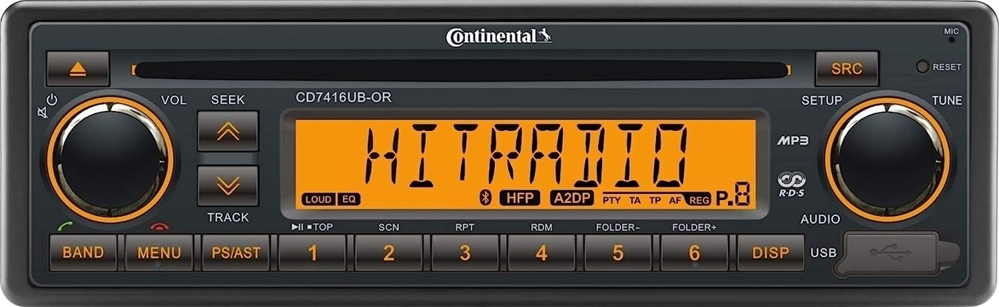 VDO Continental CD7416UB-OR European Style 12v Radio Orange Display Bluetooth & CD Player